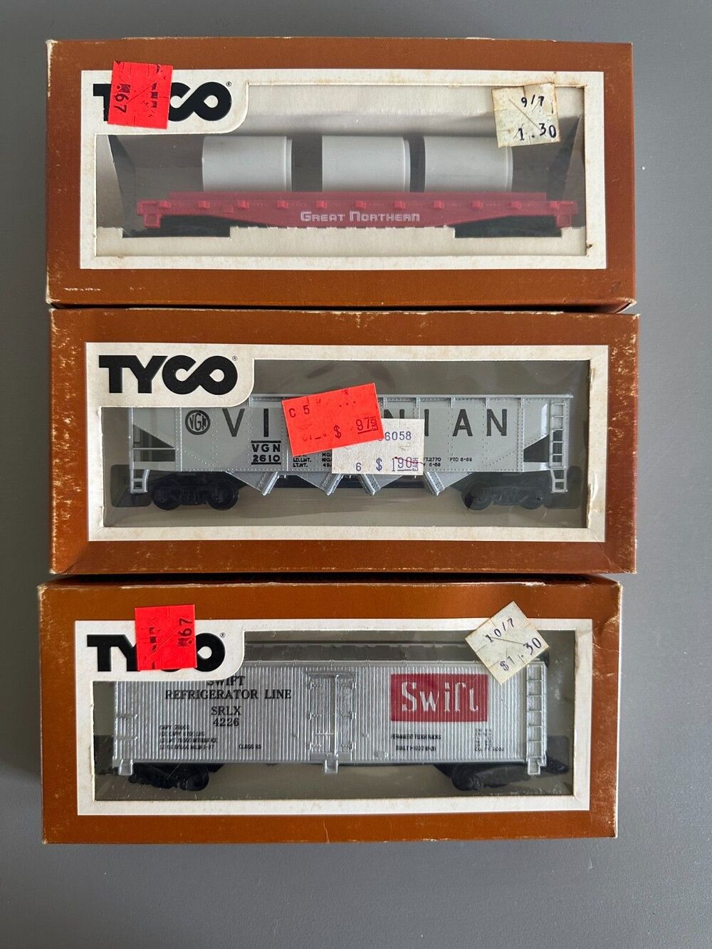 Vintage TYCO Lot of 3 HO Scale Refrigerator Car Virginian & Skid Flat w/ Culvert